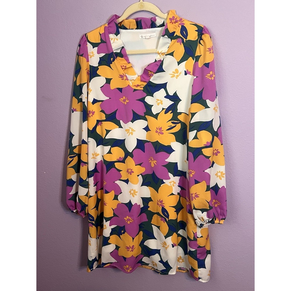 Women's Floral Colorful Pink Yellow Green Long Sleeve Boutique Dress Medium